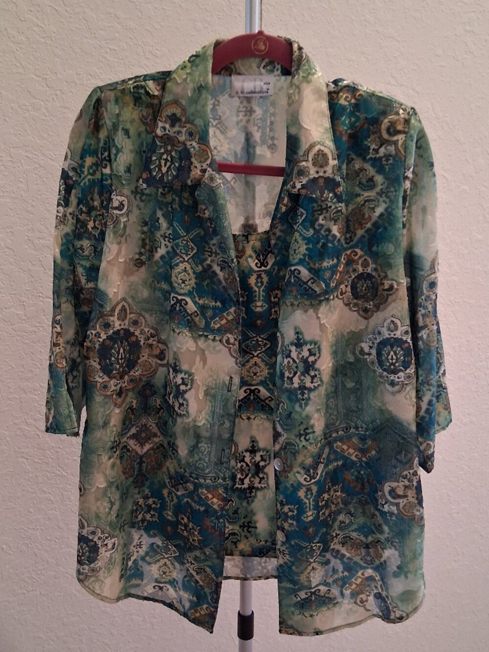 AB Collections 1X 2-in-1 Layer Blouse Jacket Top Blue Green Paisley Made in USA
